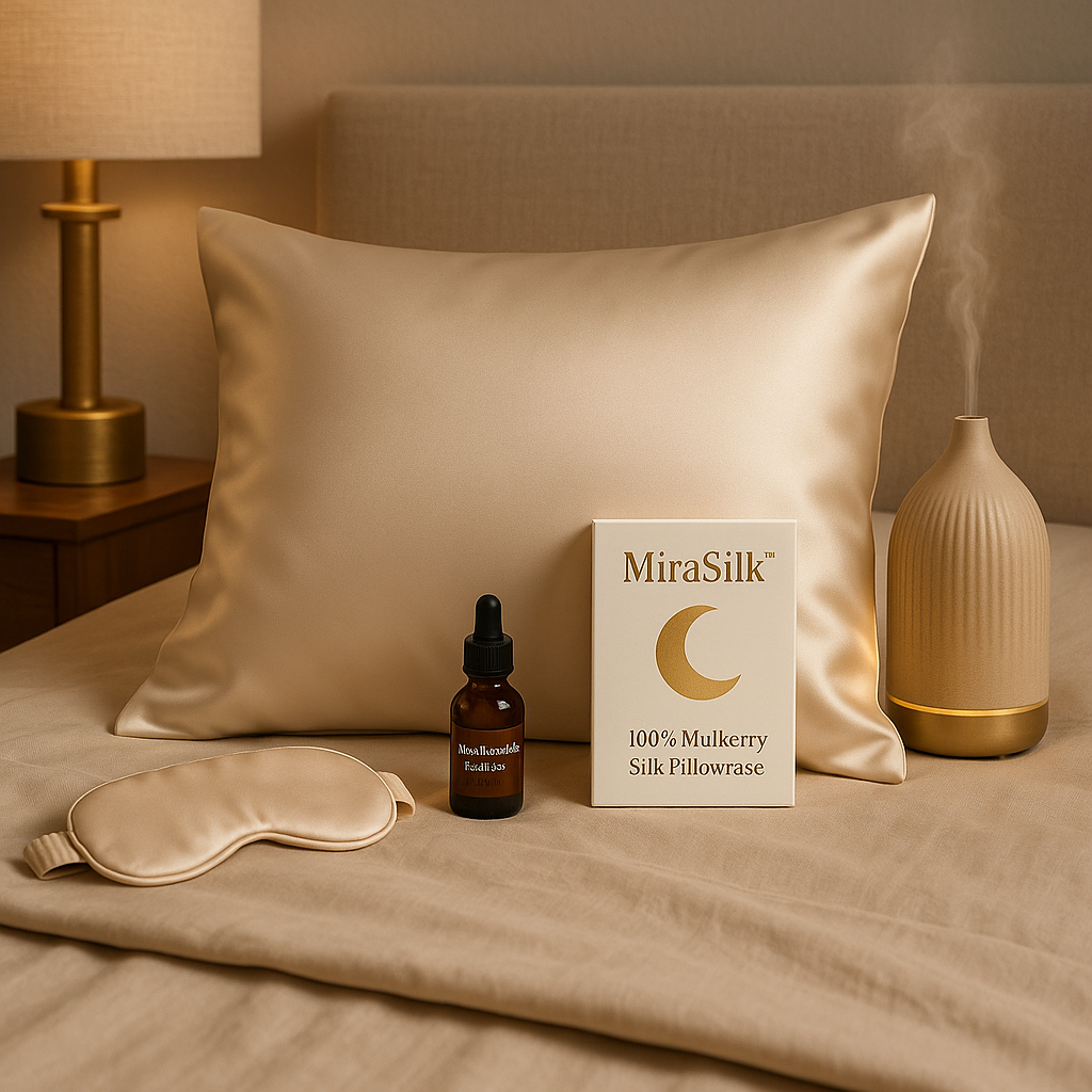 Silk pillowcase and serum bottle on a bed.